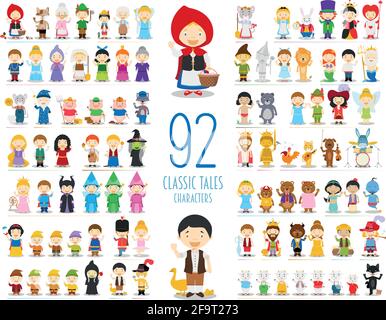 Collection de personnages vectoriels pour enfants : ensemble de 92 personnages de contes classiques de style dessin animé Illustration de Vecteur