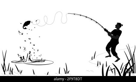 L'homme a attrapé un poisson. Pêche d'été, silhouette noire d'un pêcheur et d'un poisson sur fond blanc. Le concept des loisirs d'été en plein air. VEC Illustration de Vecteur