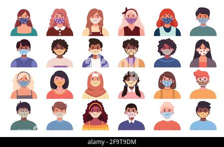 Plusieurs races, hommes et femmes, font attention à prévenir le covid-19 en portant des masques pour cacher leur visage dans la communication humaine. Banque D'Images