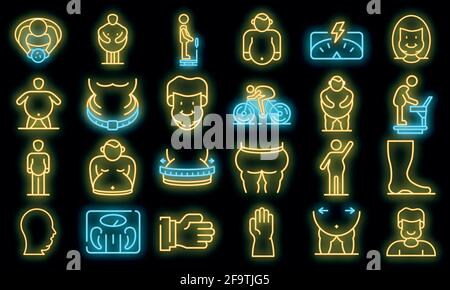 Icônes de surcharge pondérale définies. Ensemble de contours d'icônes vectorielles en surpoids de couleur néon sur blanc Illustration de Vecteur