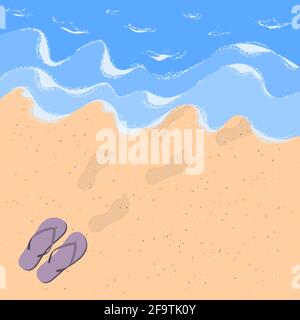 Tongs et marches sur le sable au bord de la mer. Plage de sable avec vagues, mousse de mer et tongs avec des empreintes humaines dans le sable.concept de vacances d'été Illustration de Vecteur