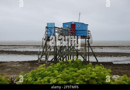 Ancienne cabane de pêche colorée sur la plage de la côte Ouest, Vendée, France Banque D'Images