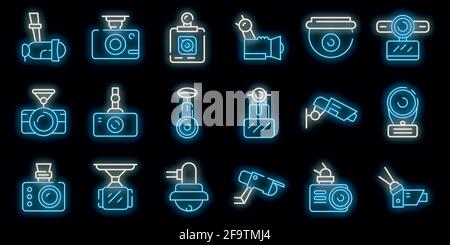 Icônes de caméra DVR définies. Ensemble de contours des icônes vectorielles de la caméra DVR couleur néon sur blanc Illustration de Vecteur