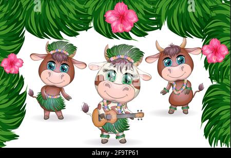 Nouvelle année tropicale 2021, célébration. Groupe de vaches et taureaux comme danseuses de hula avec guitares acoustiques ukulele, Hawaii. Illustration de Vecteur