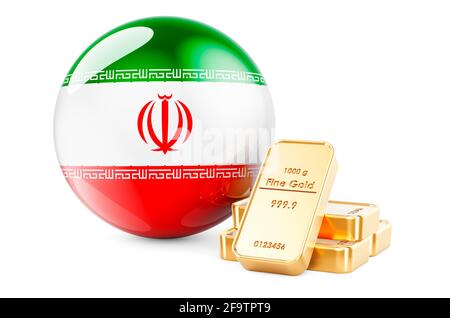 Des lingots d'or avec le drapeau iranien. Concept de réserves de change de l'Iran. Rendu 3D isolé sur fond blanc Banque D'Images