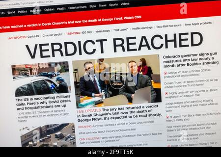 «verdict atteint», réaction à la condamnation de Derek Chauvin pour meurtre de George Floyd sur le site web de CNN, le 20 avril 2021. Banque D'Images