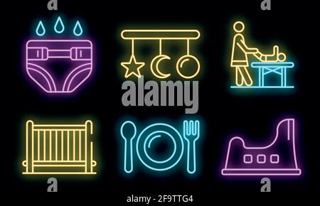 Jeu d'icônes de baby-sitter. Ensemble de contours d'icônes vectorielles de baby-sitter de couleur néon sur blanc Illustration de Vecteur