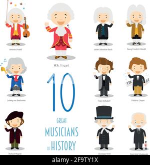 Collection de personnages vectoriels pour enfants : ensemble de 10 musiciens d'histoire dans un style de dessin animé. Illustration de Vecteur