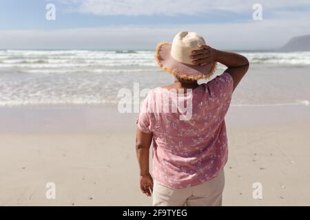 Vue arrière d'une femme afro-américaine debout sur le plage Banque D'Images
