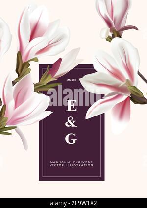 Magnolia naturel fleurs réalistes motifs d'invitation contemporains. Illustration vectorielle d'arrière-plan de motif floral de marketing d'événement. Illustration de Vecteur