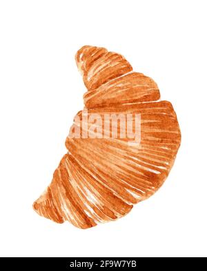 Croissant français à croûte dorée isolé sur fond blanc. Illustration aquarelle dessinée à la main. Parfait pour votre projet, menu, décorations, cartes. Banque D'Images