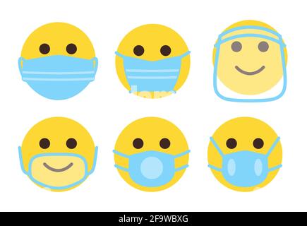 Ensemble d'émoticônes du visage dans l'icône du masque médical. Collecte des émoticônes dans différents types de masques de protection. Sourire jaune de style plat comme signe de protection contre la propagation du coronavirus illustration du vecteur isolé Illustration de Vecteur