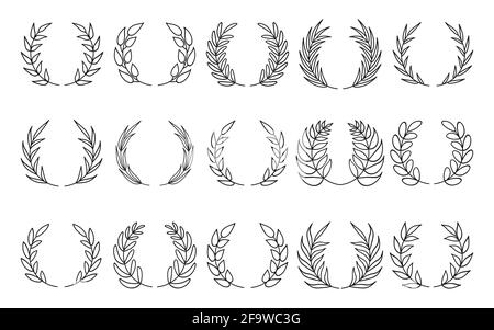 Ensemble de branches de Laurier circulaire à la ligne arrière. Icône de l'écusson du trophée, emblème du gagnant ou prix de la branche d'olivier. Collection de couronnes foliées linéaires vintage. Idéal pour les cartes, les logos et les applications de jeu. Illustration vectorielle Illustration de Vecteur