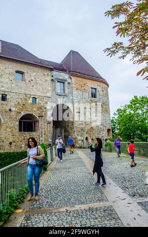 LJUBLJANA, SLOVÉNIE, 29 JUILLET 2015 : détail du château médiéval de Ljubljana, Slovénie, Europe. Banque D'Images