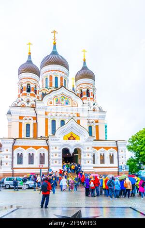 TALLIN, ESTONIE, 16 AOÛT 2016 : les gens marchent devant la cathédrale orthodoxe russe Alexander Nevski, dans la partie de Toompea, en Estonie Banque D'Images