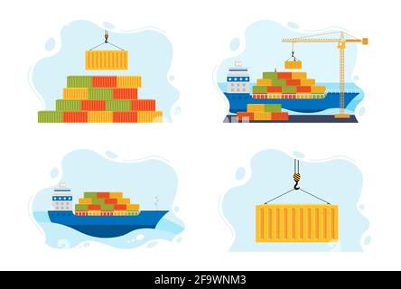 Jeu d'illustrations transport de fret maritime. Livraison de fret dans le monde entier par eau. Chargement et déchargement de la cargaison, navire maritime navigue sur l'océan Illustration de Vecteur