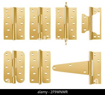 Charnières de porte, quincaillerie métallique de couleur jaune, éléments graphiques brillants or ou bronze pour le design et la rénovation de la maison isolés sur fond blanc, illustration vectorielle 3d réaliste, ensemble d'icônes Illustration de Vecteur