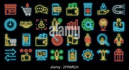 Icônes d'acheteur définies. Ensemble de contours d'icônes vectorielles acheteur couleur néon sur blanc Illustration de Vecteur