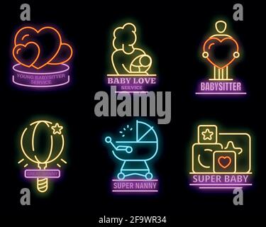 Ensemble moderne de logos pour baby-sitter. Ensemble de contours de moderne babysitter vecteur logo néon couleur sur blanc Illustration de Vecteur