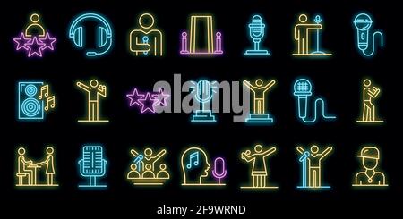 Icônes Singer définies. Ensemble de contours d'icônes vectorielles de chanteur couleur néon sur noir Illustration de Vecteur