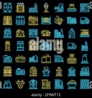 Icônes de la fabrique de lait définies. Ensemble de contours d'icônes vectorielles de laits Factory couleur néon sur noir Illustration de Vecteur