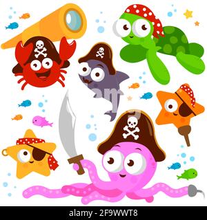 Ensemble d'illustrations de créatures marines de pirate colorées avec épées, lunette, crochets et chapeaux de pirate. Banque D'Images