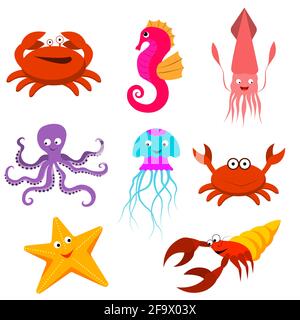 Un ensemble de dessins animés d'animaux de mer. Méduse, calmar, crabe ermite, crabe, hippocampe, starfish, octopus. vecteur isolé sur fond blanc Illustration de Vecteur