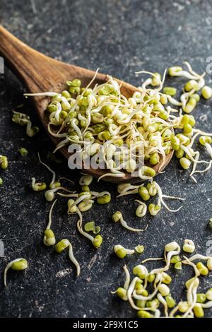 Haricots mung verts germés. Pousses de mung dans une cuillère en bois sur une table noire. Banque D'Images