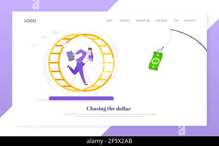 Rat race business concept avec homme d'affaires courant après la tige banking dollar dans la roue de hamster travaillant dur, toujours occupé modèle plat vecteur i Illustration de Vecteur