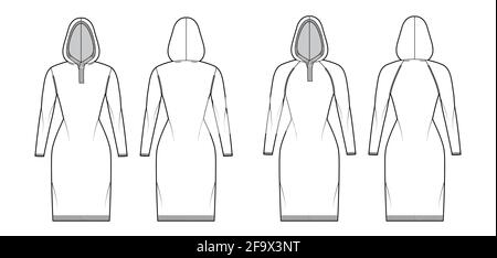 Ensemble de robes à capuche chandails illustration technique de la mode avec col boutonné, manches raglan longues, coupe près du genou, bordure côtelée en tricot. Vêtements plats à l'avant, à l'arrière, de couleur blanche. Maquette CAD pour femmes et hommes Illustration de Vecteur