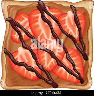 Griller avec du beurre d'arachide, des tranches de fraises fraîches et du chocolat isolés sur fond blanc. Illustration vectorielle au réalisme photographique. Illustration de Vecteur