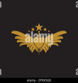 Épée à ailes dorées avec icône de vecteur de bouclier. Illustration de Vecteur