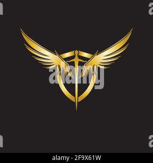 Épée à ailes dorées avec icône de vecteur de bouclier. Illustration de Vecteur