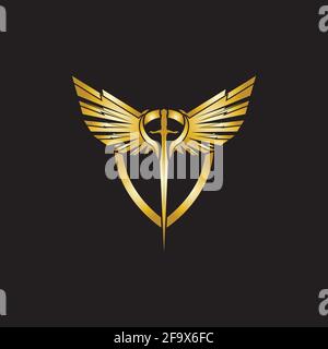 Épée à ailes dorées avec icône de vecteur de bouclier. Illustration de Vecteur