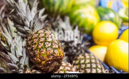 Fruits frais mis en vente au supermarché. Banque D'Images