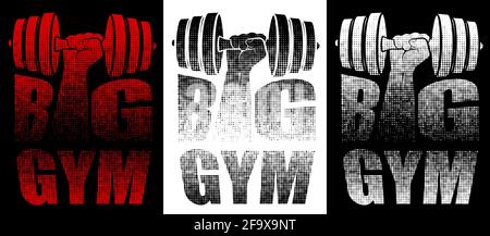 EMBLÈME DE LA SALLE DE SPORT ou de la forme physique Inscription avec le grand nom de gym de points avec les lettres I en forme de main d'athlète avec des haltères. Élément de conception, imprimé pour le clothe Illustration de Vecteur