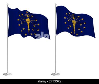 Drapeau de l'État américain de l'Indiana sur le mât en agitant sous le vent. Élément de design des fêtes. Point de contrôle pour les symboles de carte. Vecteur isolé sur fond blanc Illustration de Vecteur