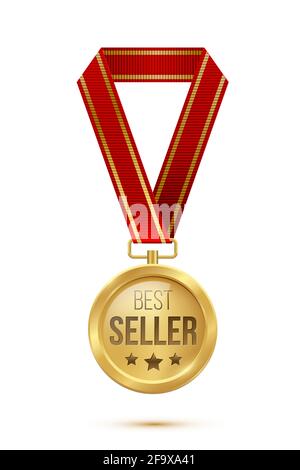 Médaille d'or avec ruban rouge pour le meilleur vendeur. Trophée d'or professionnel avec texte et illustration vectorielle étoiles. Prix pour les meilleures ventes du concours Illustration de Vecteur