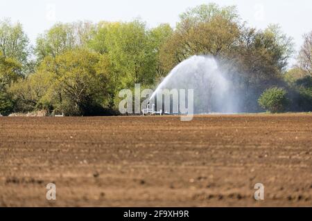 Irrigation d'un champ agricole pendant la pandémie de corona. Les agriculteurs travaillent dur pour maintenir les lignes d'approvisionnement alimentaire mondiales ouvertes Banque D'Images