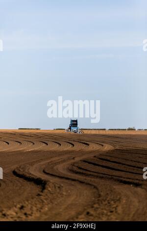 Irrigation d'un champ agricole pendant la pandémie de corona. Les agriculteurs travaillent dur pour maintenir les lignes d'approvisionnement alimentaire mondiales ouvertes Banque D'Images