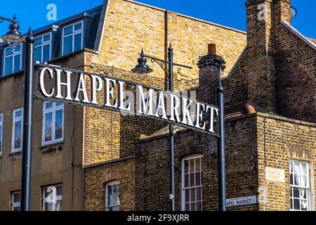 Panneau pour Chapel Market à Angel, Londres, Royaume-Uni Banque D'Images