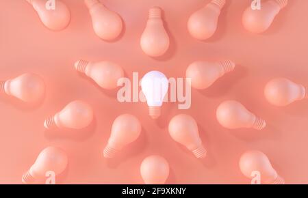 Ampoule lumineuse blanche entre les autres sur fond orange pastel. Concepts de leadership, d'innovation et d'individualité. rendu 3d. Banque D'Images