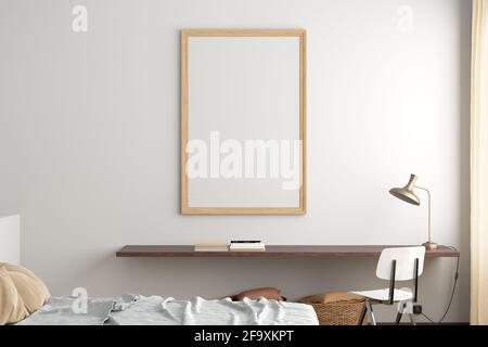 Maquette de cadre de poster blanc vertical sur le mur blanc à l'intérieur de la chambre moderne Banque D'Images