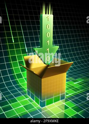 Téléchargement de données représenté par une flèche verte pointant vers une boîte émergeant d'une surface de cadre métallique. Illustration numérique. Banque D'Images