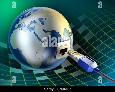 Un câble ethernet inséré dans la terre. Illustration numérique. Banque D'Images