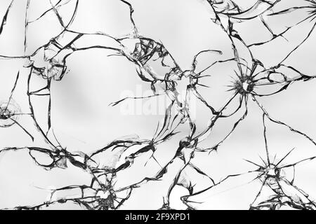 Il y a beaucoup de fissures dans le verre. Texture de verre brisée sur fond blanc. Trous des tirs dans la fenêtre Banque D'Images