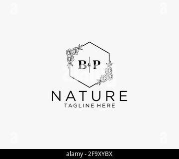 Lettres BP modèle de logo féminin botanique floral, modifiable logo monoline préfabriqué adapté, marque de mariage féminine de luxe, entreprise. Illustration de Vecteur