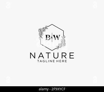 LETTRES BW modèle de logo féminin botanique floral, logo monoline préfabriqué modifiable adapté, marque de mariage féminine de luxe, entreprise. Illustration de Vecteur