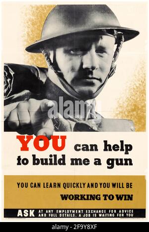 British, WW2 Workplace Manufacturing Recruitment poster: You CAN Help to Build Me a Gun, (Soldier Pointing), 1942-1945 Banque D'Images