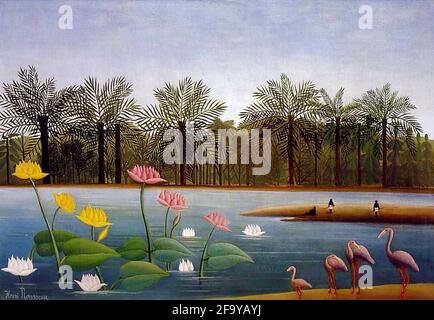 Œuvre d'Henri Rousseau intitulée les Flamingos. Paysage exotique sur une voie navigable avec des nénuphars géants, des palmiers et des flamants roses. Banque D'Images